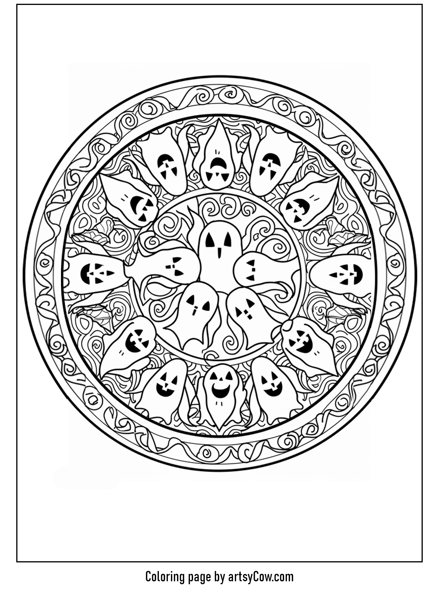halloween ghost mandala, a round mandala featuring various ghost designs, surrounded by intricate patterns and Halloween-themed decorations